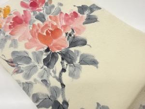 作家物　縮緬地手描き花模様名古屋帯